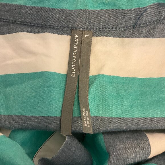 By Anthropologie Oversized Top L Dark Mint Blue White Stripe Button Front Pocket - Picture 11 of 11